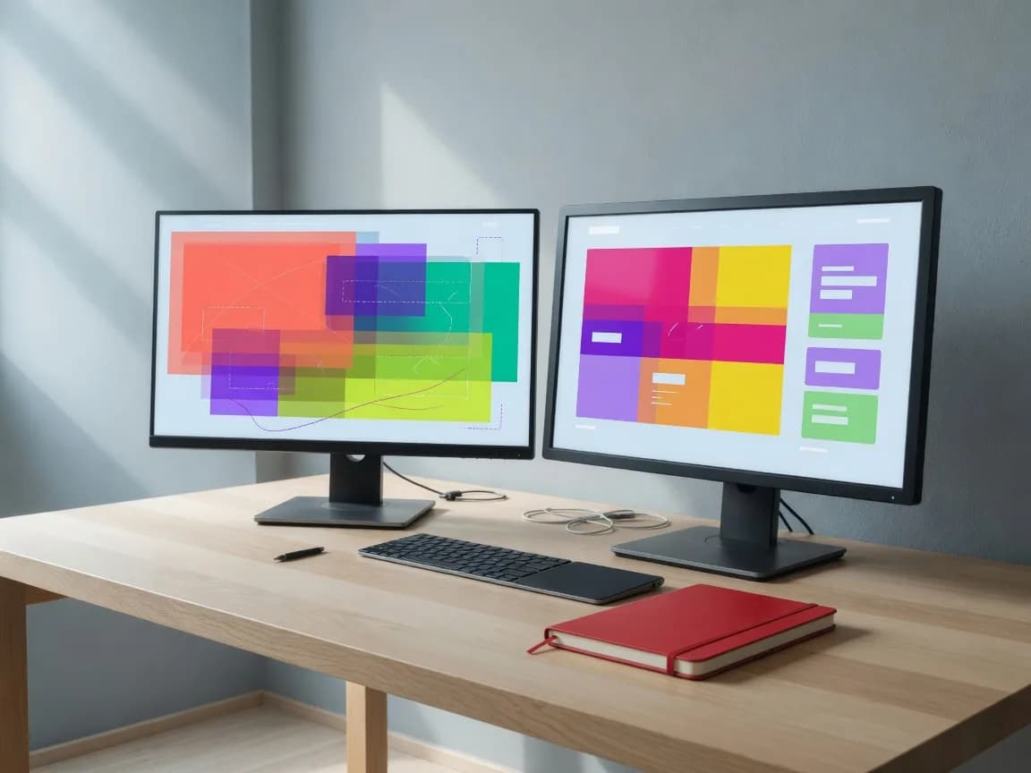 Web design workspace with website mockups on dual monitors